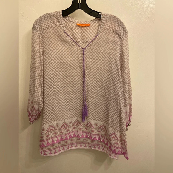 Oliphant Chevron V Neck Quarter Sleeve Tassel Blouse Gray & Purple Size Large - Picture 2 of 8